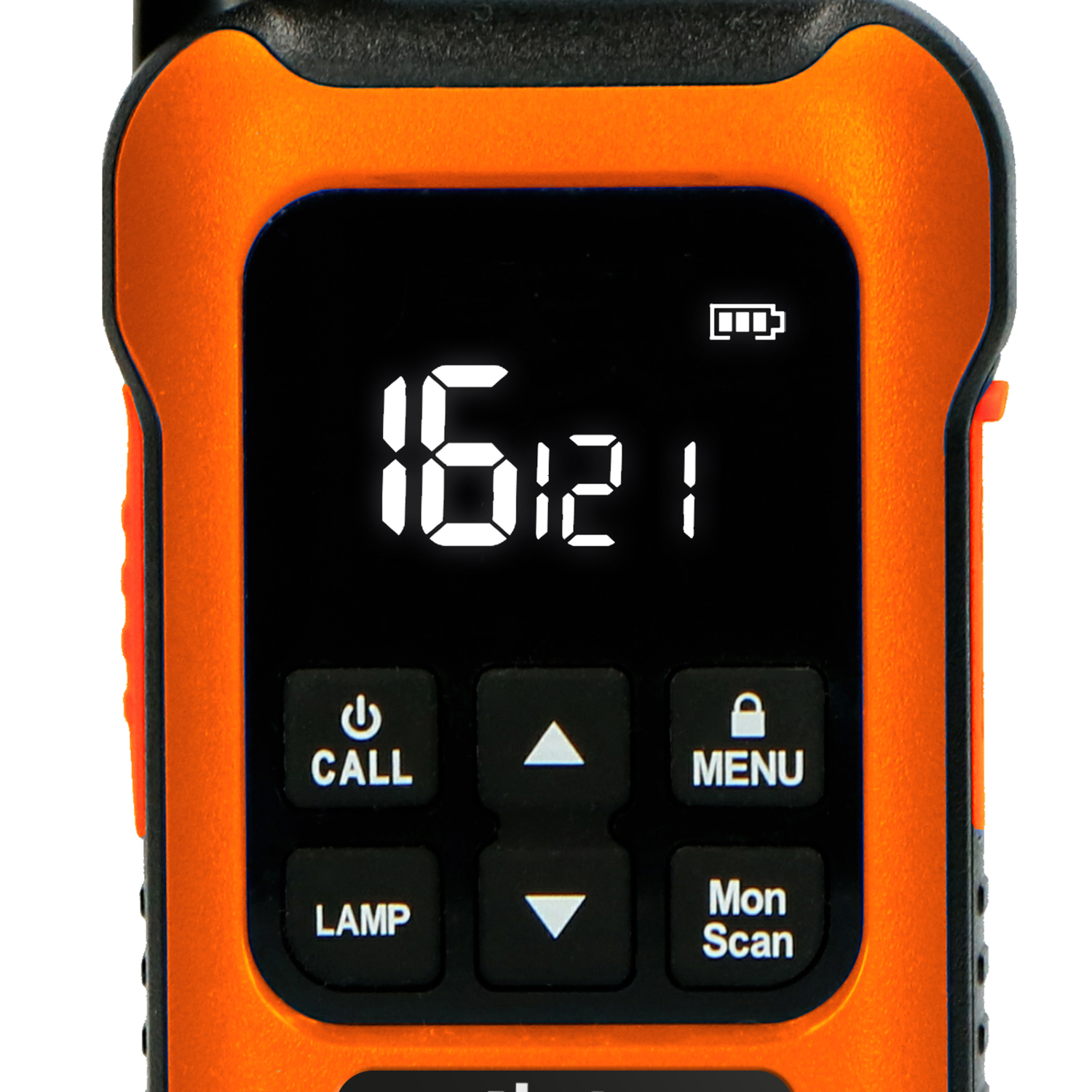 Orange walkie-talkie with a screen showing numbers and icons. Buttons are also visible.