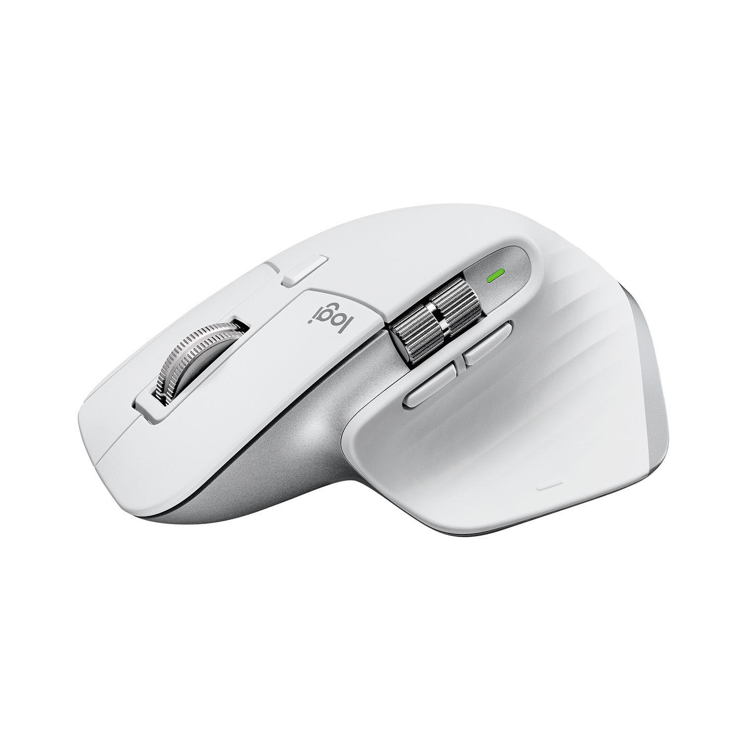 Eine weiße Logitech-Maus mit silbernen Akzenten, mit einem Scrollrad und Tasten.