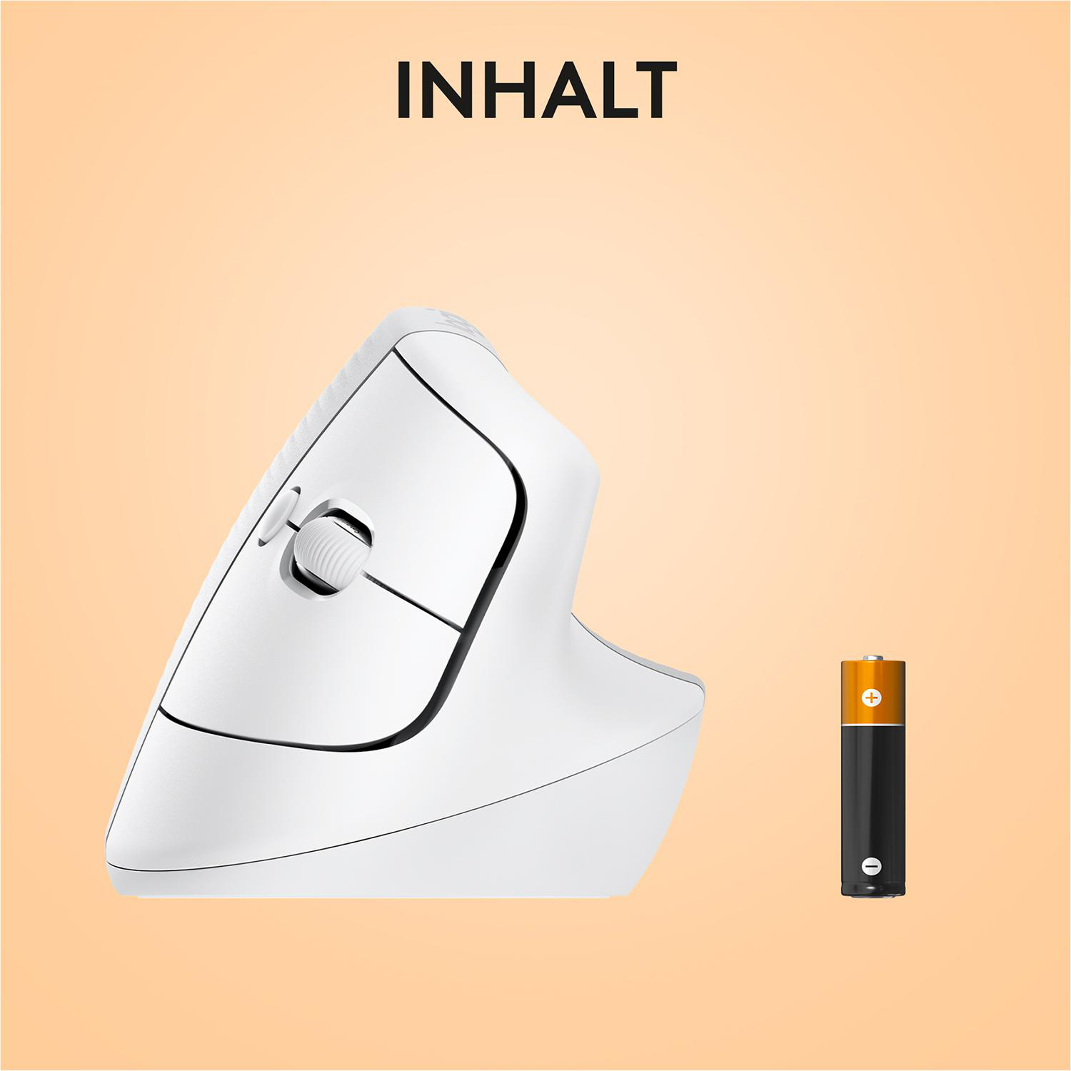 Weiße ergonomische Maus mit einer Batterie daneben.