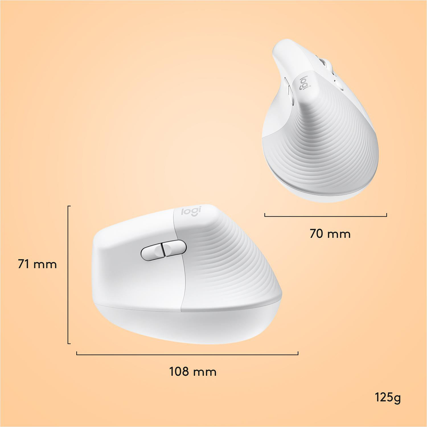 Weiße ergonomische Maus mit Maßangaben. Maße: 108mm x 71mm x 70mm. Gewicht: 125g.