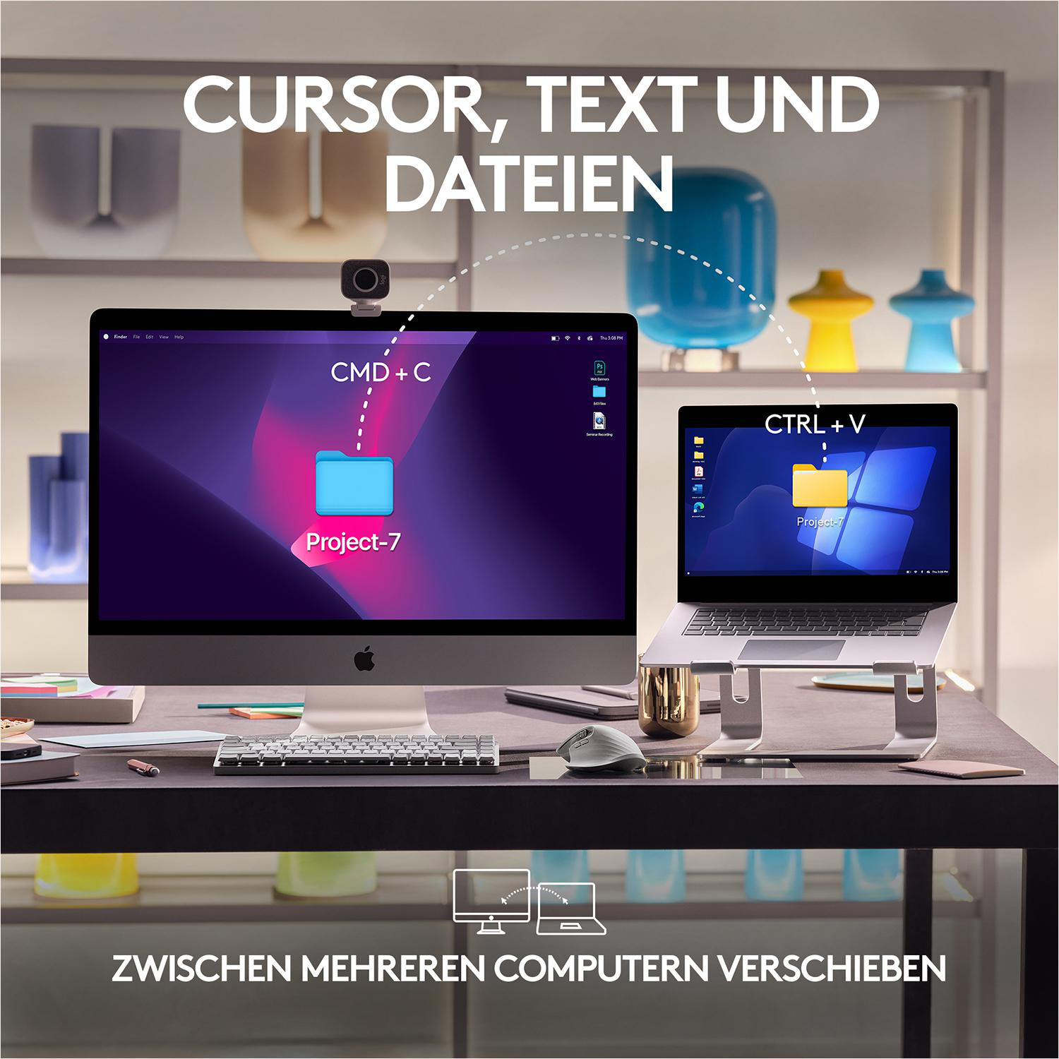 Arbeitsplatz mit Computer, Laptop und anderen Objekten. Text: Cursor, Text und Dateien.