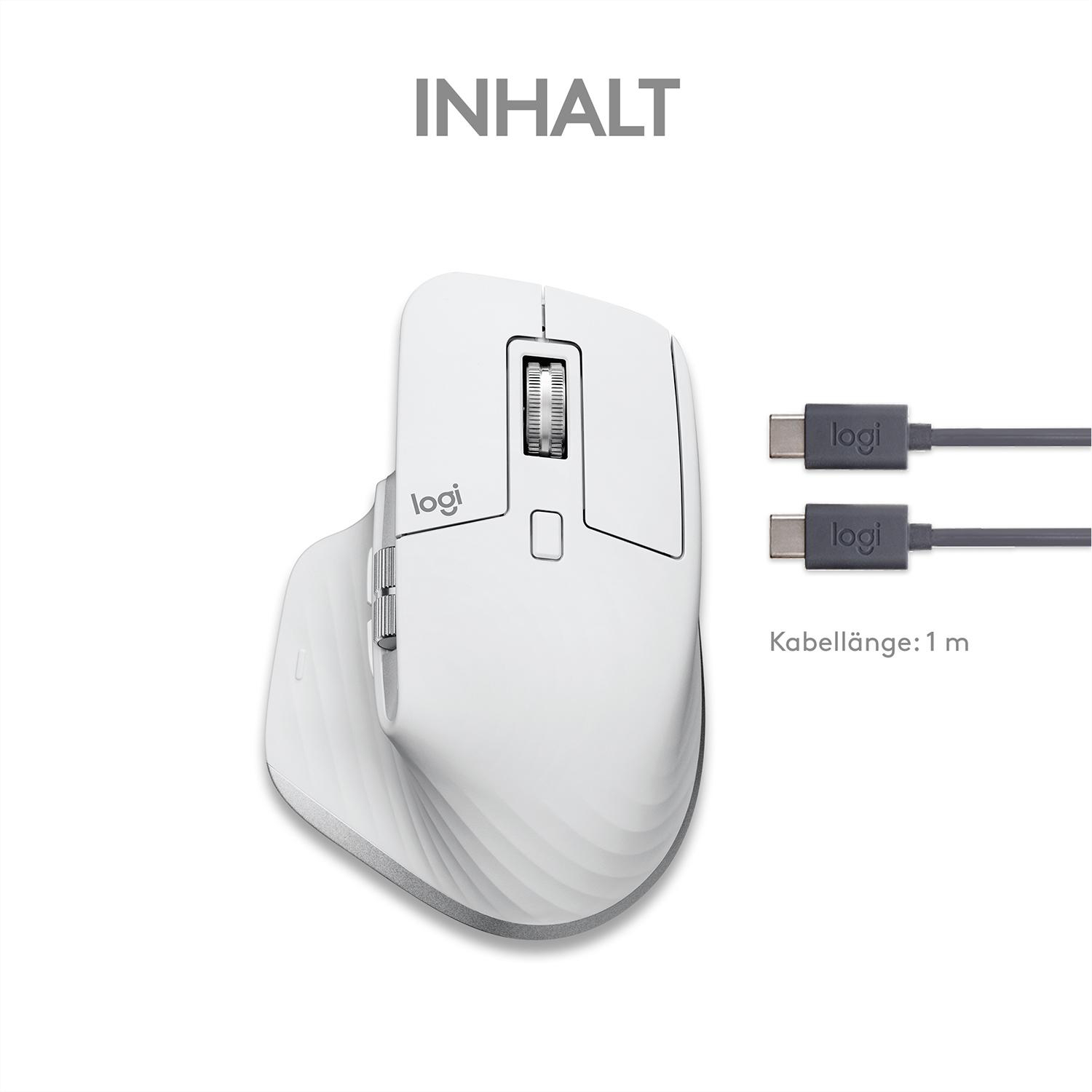 Weiße Computermaus mit Scrollrad und zwei USB-Kabeln.