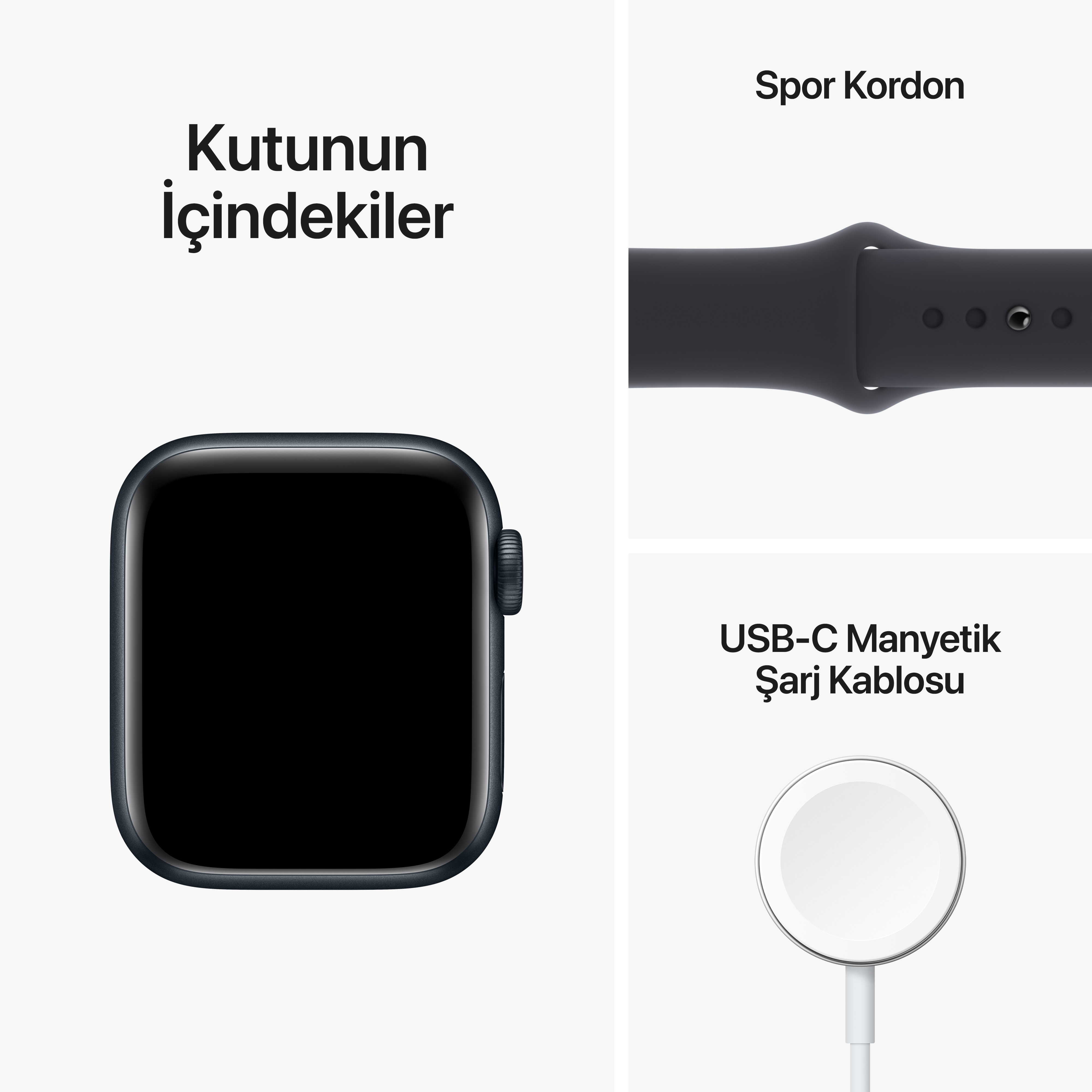 Siyah bir akıllı saat, koyu mavi bir spor kayışı ve beyaz bir USB-C şarj kablosu.