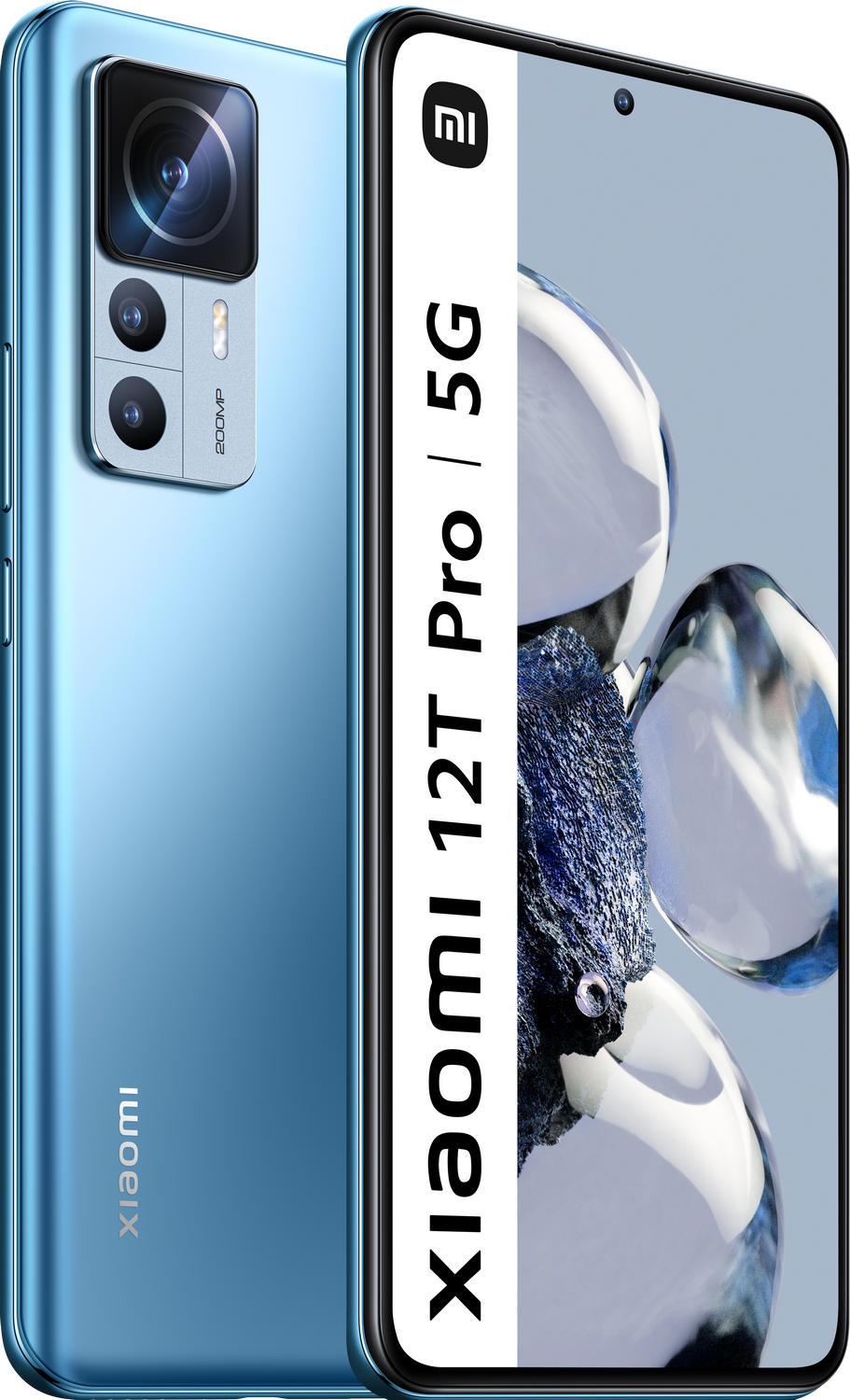 Smartphone azul Xiaomi 12T Pro 5G, con tres cámaras y un módulo de cámara negro. Vista lateral.