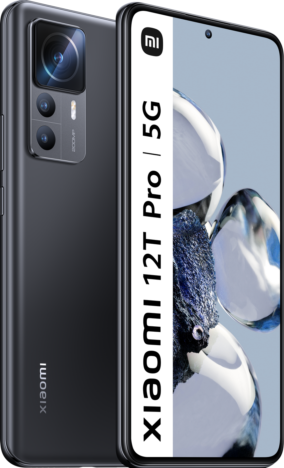 Teléfono negro, Xiaomi 12T Pro 5G, sobre fondo blanco. Cuenta con tres cámaras en la parte trasera.