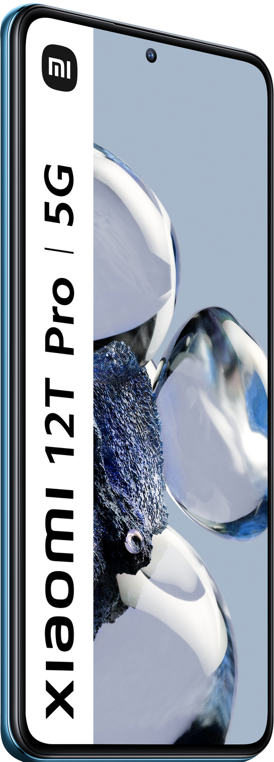 Smartphone azul, primer plano del lateral con el texto Xiaomi 12T Pro 5G.