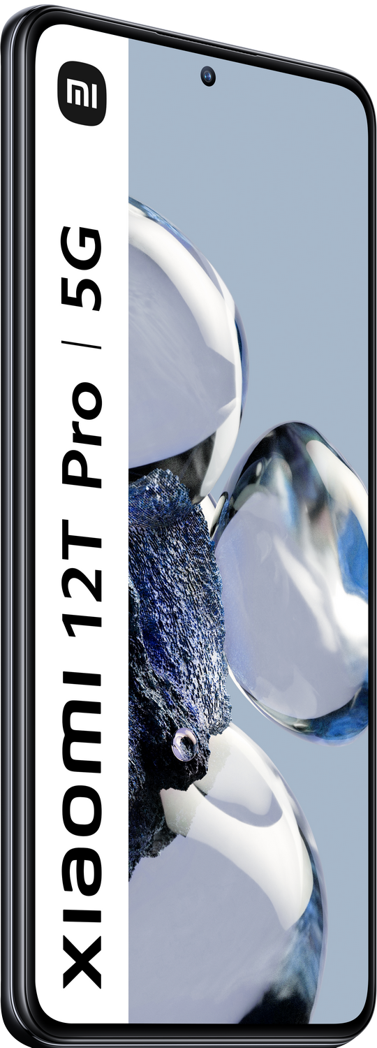 Smartphone Xiaomi 12T Pro 5G, mostrando la pantalla con fondo azul. El teléfono es negro.