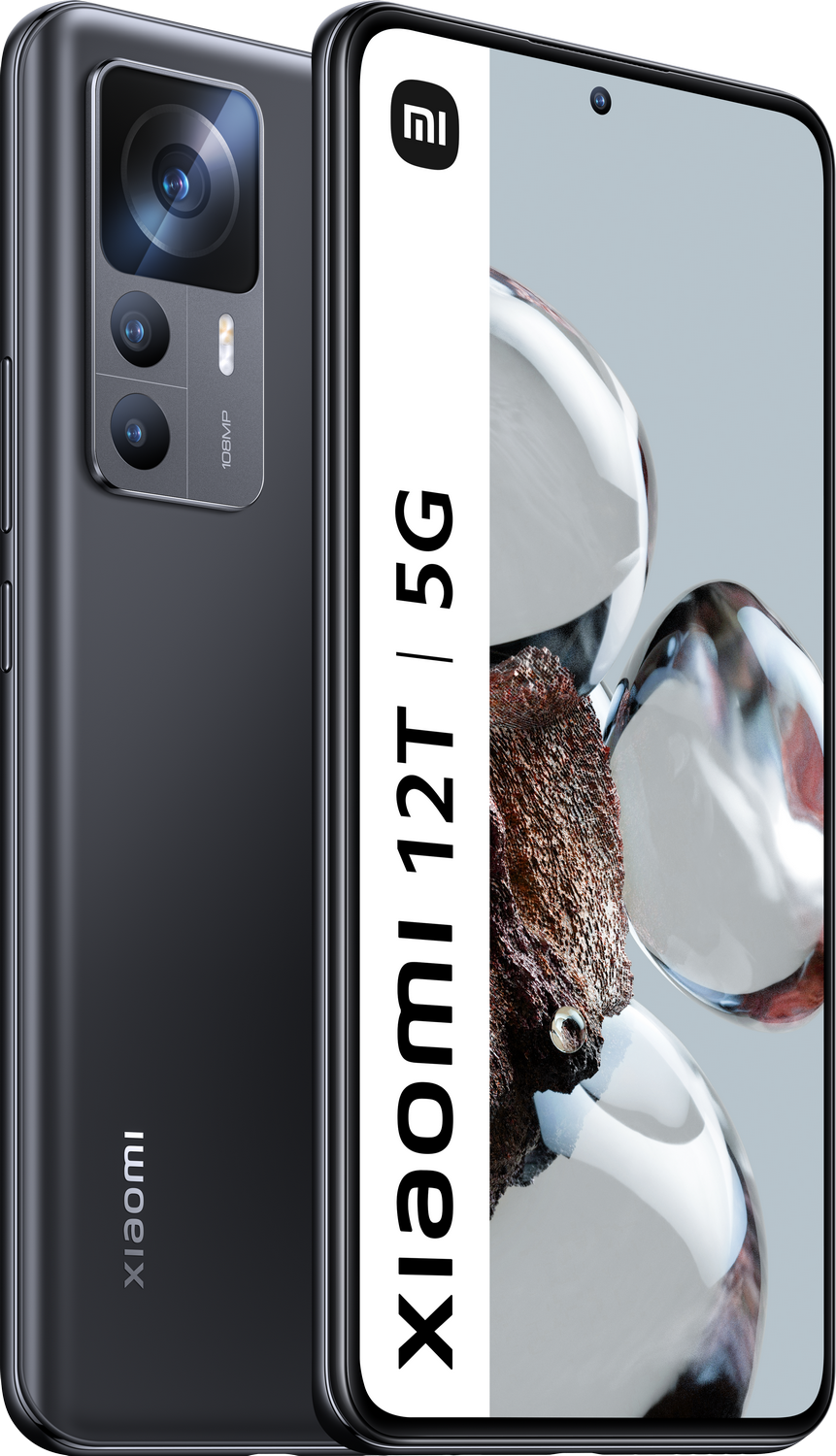 Un teléfono negro Xiaomi 12T 5G, que muestra su parte delantera y trasera, con la cámara de 108MP visible.