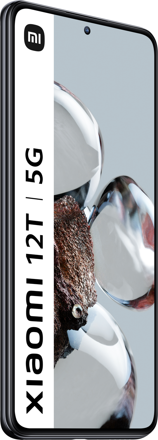 Smartphone Xiaomi 12T 5G, vista en ángulo, texto blanco, fondo gris.