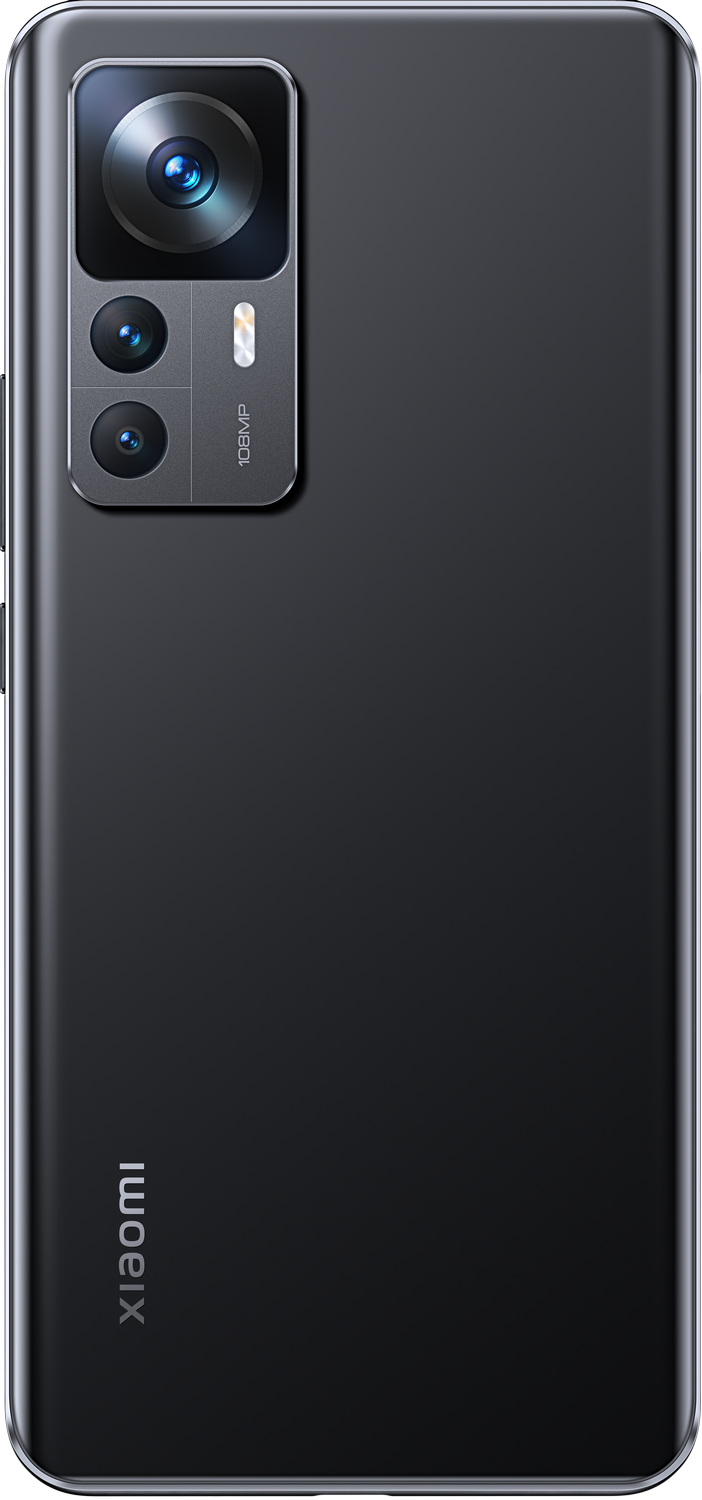 Smartphone negro, vista trasera. Triple cámara y flash en la parte superior. Logotipo de Xiaomi abajo.