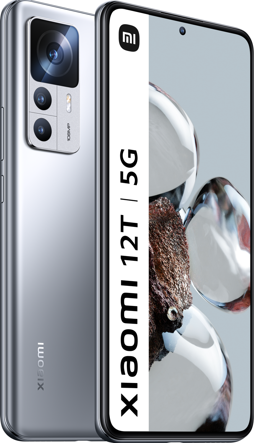 Un teléfono Xiaomi 12T 5G plateado. La pantalla muestra una interfaz colorida y el logotipo de Xiaomi.