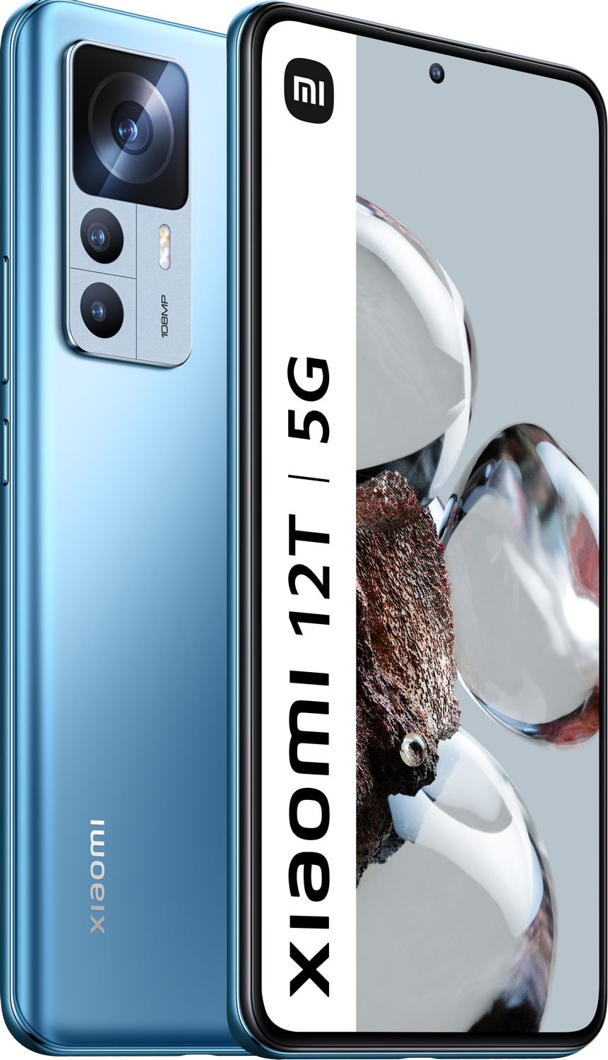 Smartphone Xiaomi 12T 5G azul, con cámaras en la parte trasera y el logo de la marca.