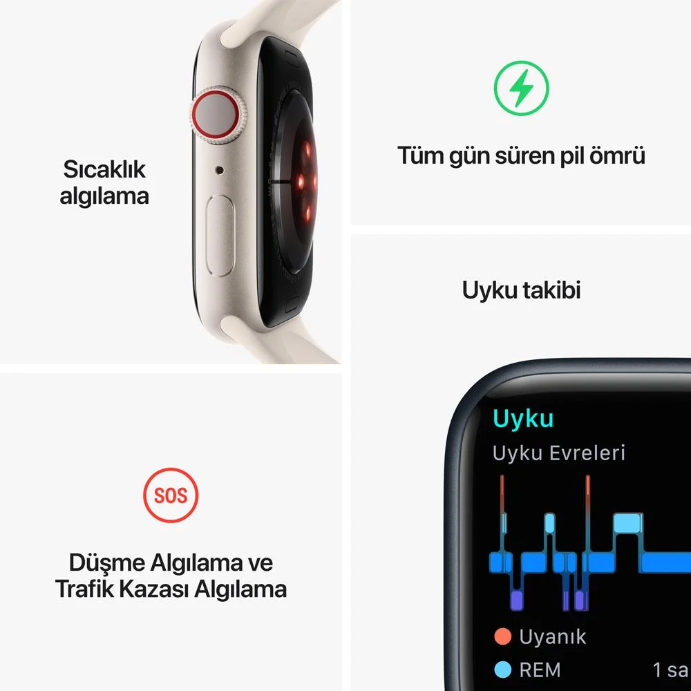 APPLE Watch Series 8 GPS 41 mm MNP63TU/A Yıldız Işığı Alüminyum Kasa ve Yıldız Işığı Spor Kordon