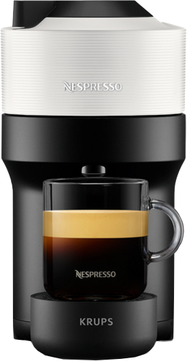 Fekete-fehér Nespresso gép kávéscsészével.