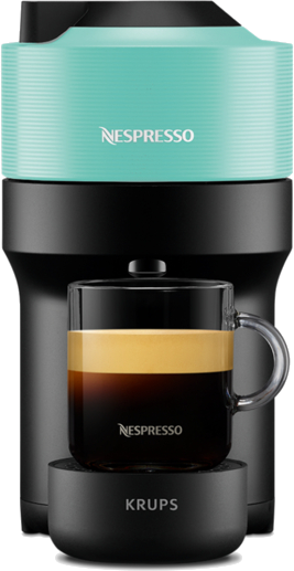 Nespresso kávéfőző egy üvegpohárral, ami tele van kávéval. A gép fekete és türkiz.