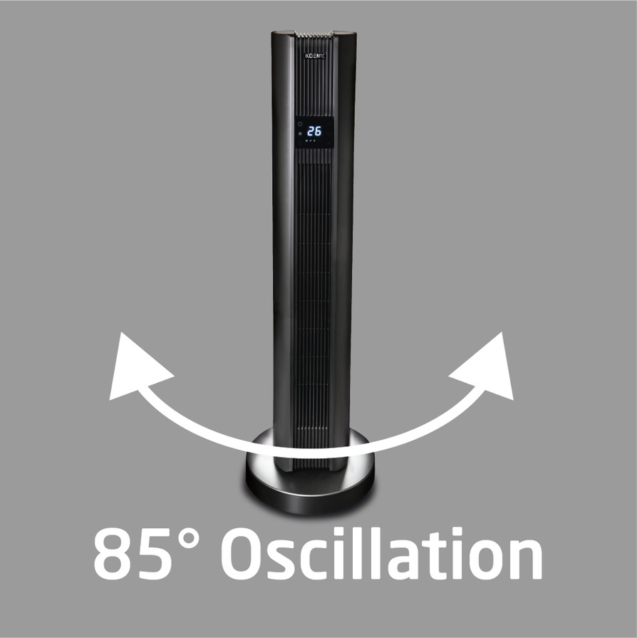 Zwarte torenventilator met digitaal display, 85° oscillatie, op een grijze achtergrond.