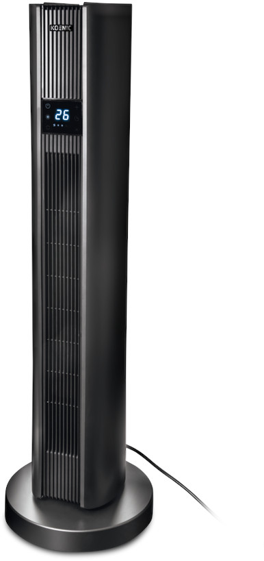 Een hoge, zwarte Koenic-ventilator met digitaal display, tegen een witte achtergrond.