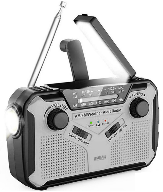 Ein schwarz-graues AM/FM/Wetterwarnradio mit Taschenlampe und ausziehbarer Antenne.