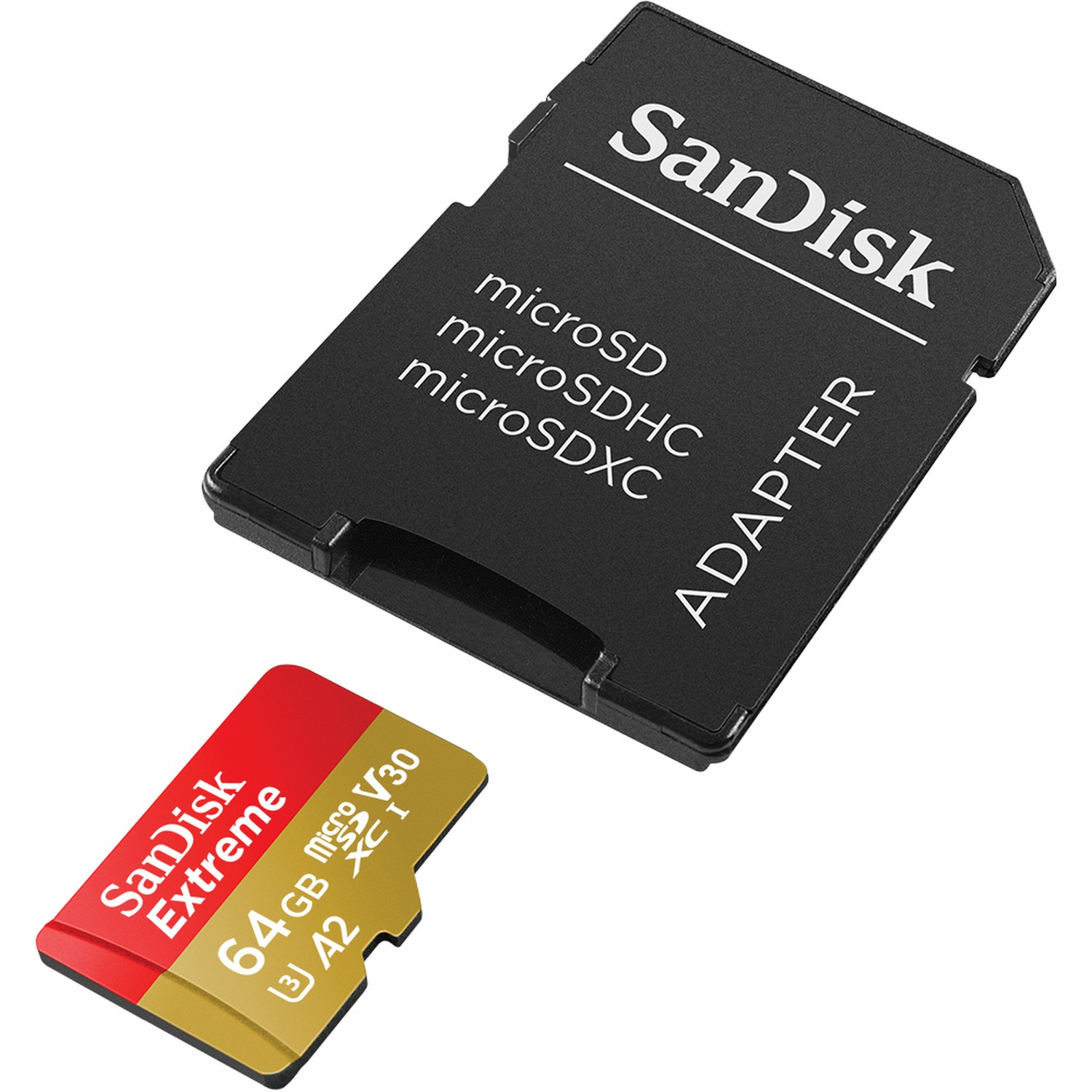 Tarjeta microSD SanDisk Extreme y adaptador, negro y rojo, fondo blanco.