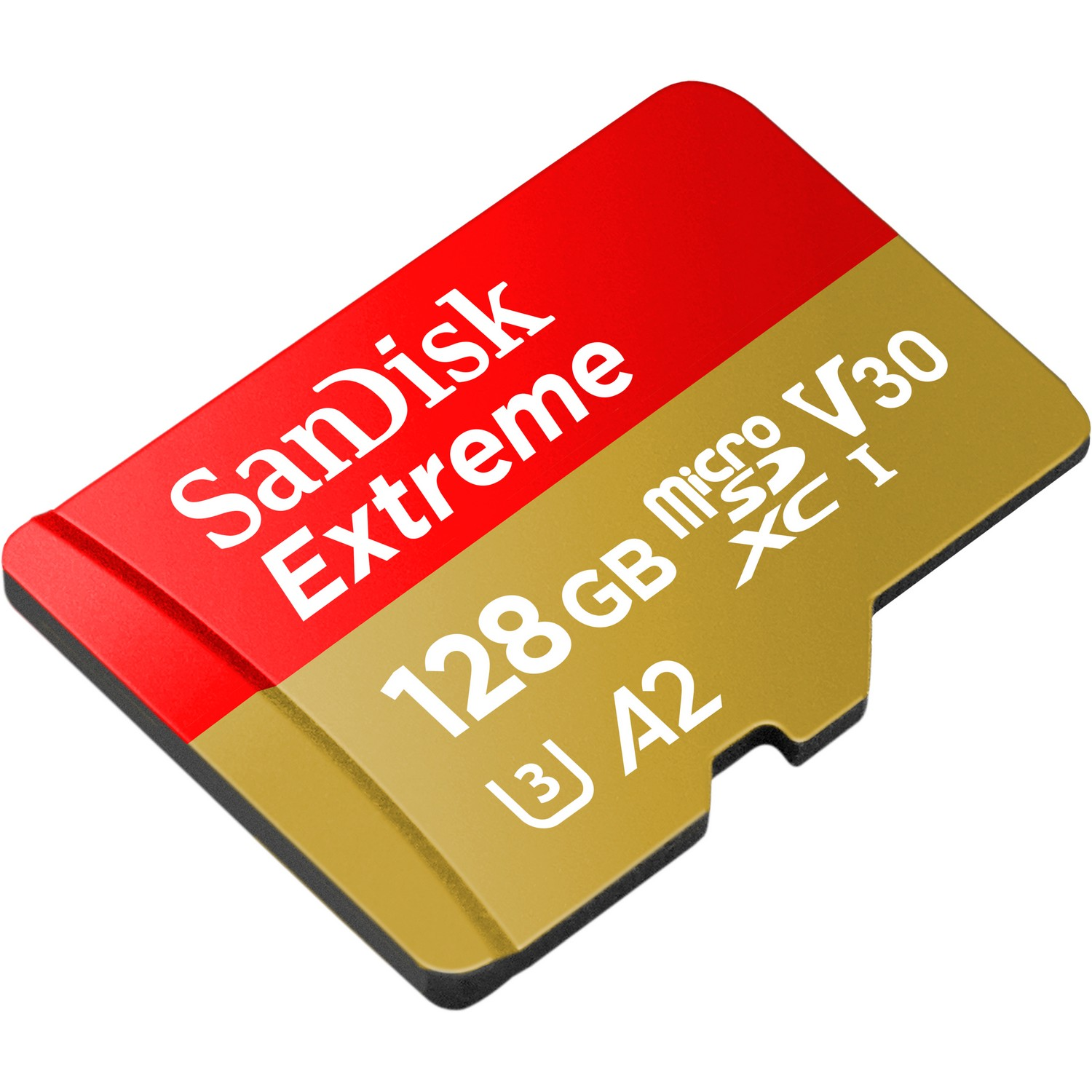 Tarjeta micro SD Sandisk Extreme, roja y dorada, con información del producto impresa en blanco.