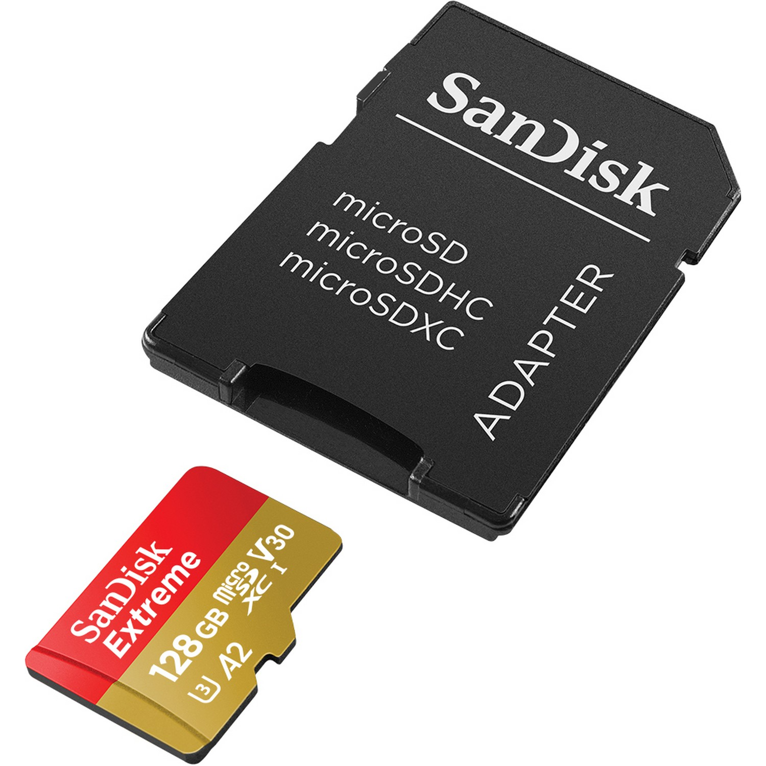 Una tarjeta microSD y un adaptador de SanDisk. La tarjeta es roja y dorada, el adaptador negro.