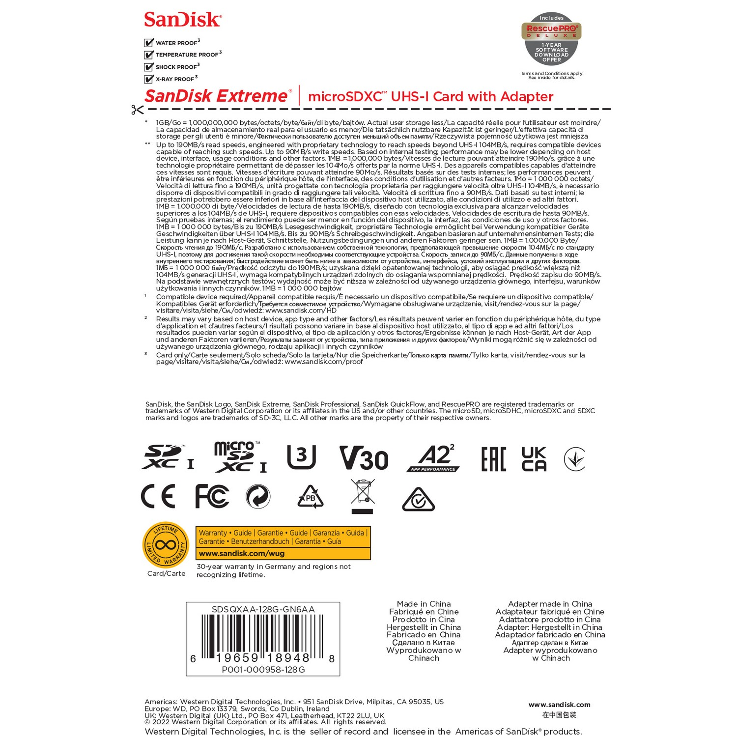 Embalaje de la tarjeta SanDisk Extreme microSDXC UHS-I con texto y logotipos.