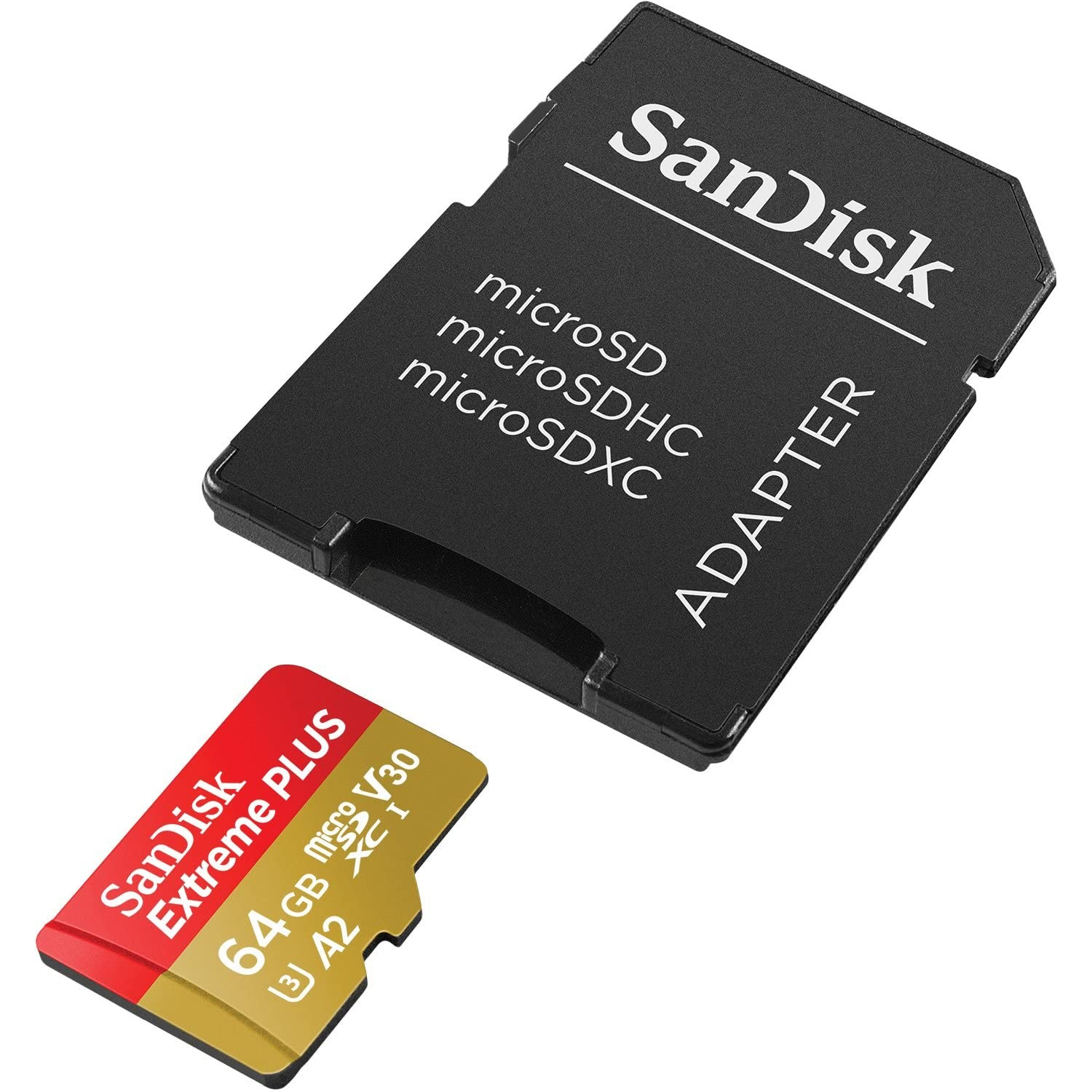 Tarjeta SD y adaptador SanDisk sobre fondo blanco, primer plano.