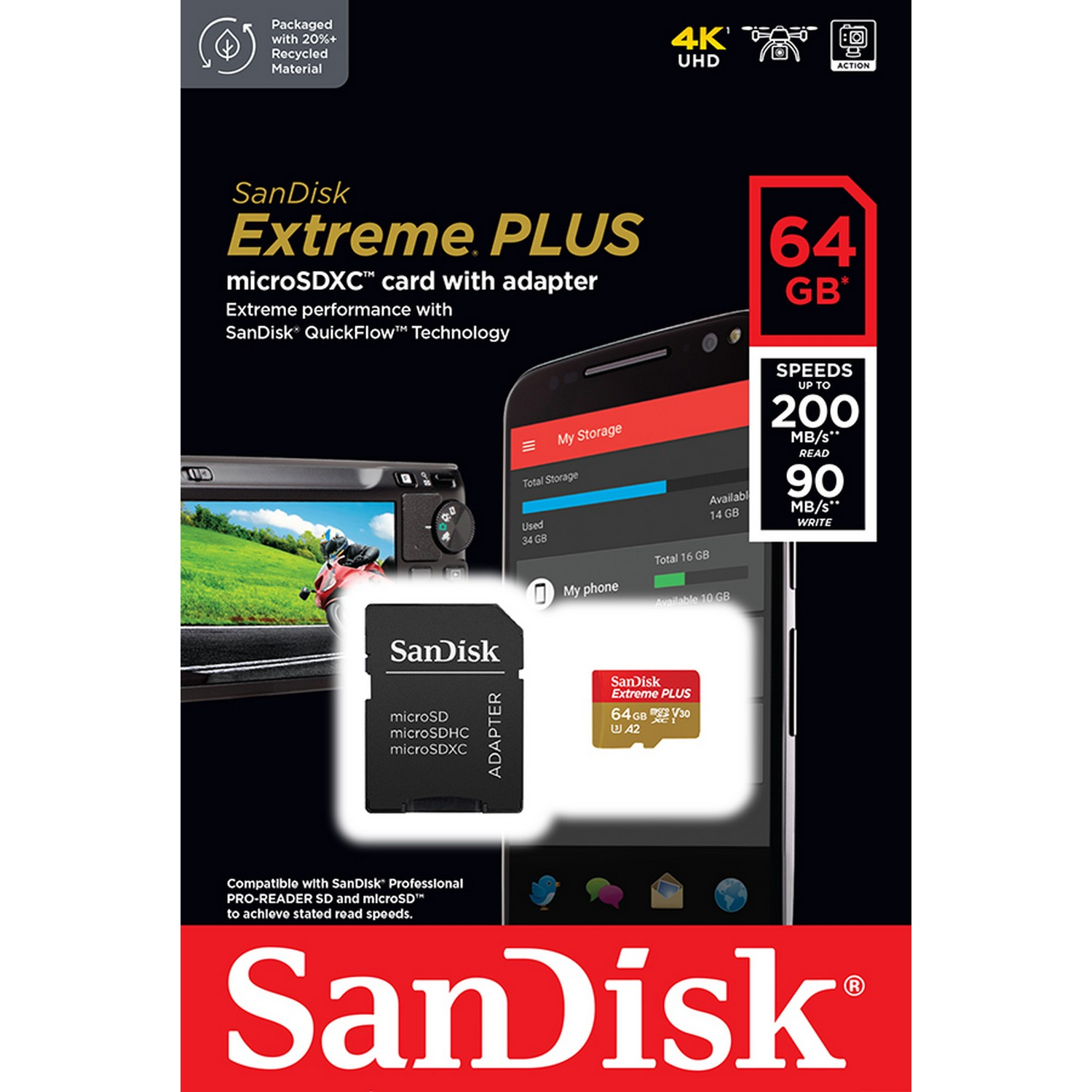 Embalaje de la tarjeta microSD SanDisk Extreme PLUS. Incluye tarjeta, adaptador y pantalla de teléfono.
