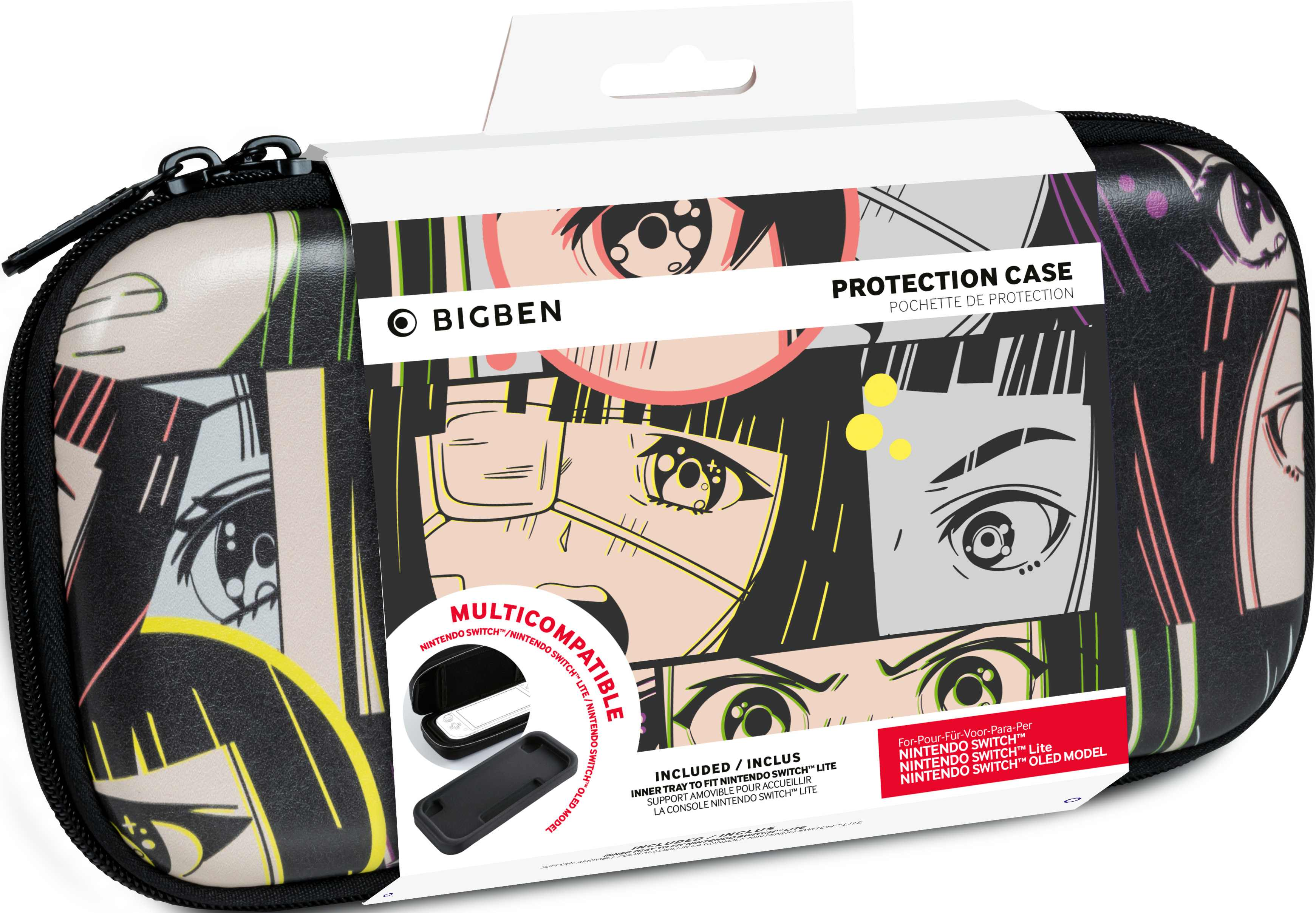 Schwarze Nintendo Switch-Hülle mit Anime-Augen-Print. Weiße Box mit Markennamen und Produktinformationen.