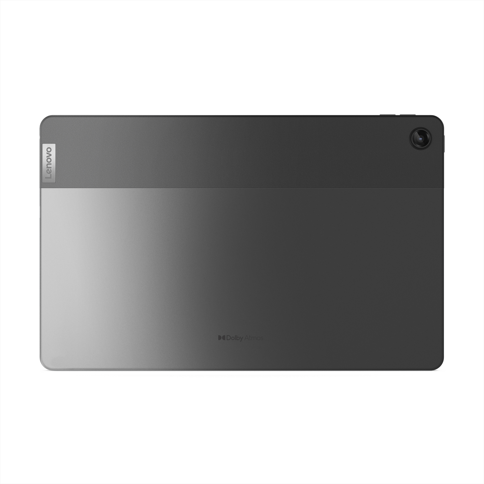 Lenovo tablet, arka görünüm, gri ve siyah renkler, Dolby Atmos logosu.