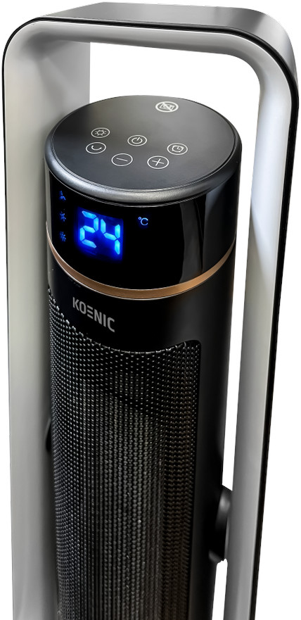 Een zwarte Koenic torenverwarming met een digitaal display dat de temperatuur toont.