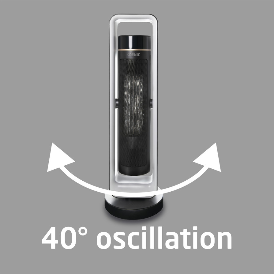 Een zwarte Koenic elektrische kachel met een 40-graden oscillatie-indicator.