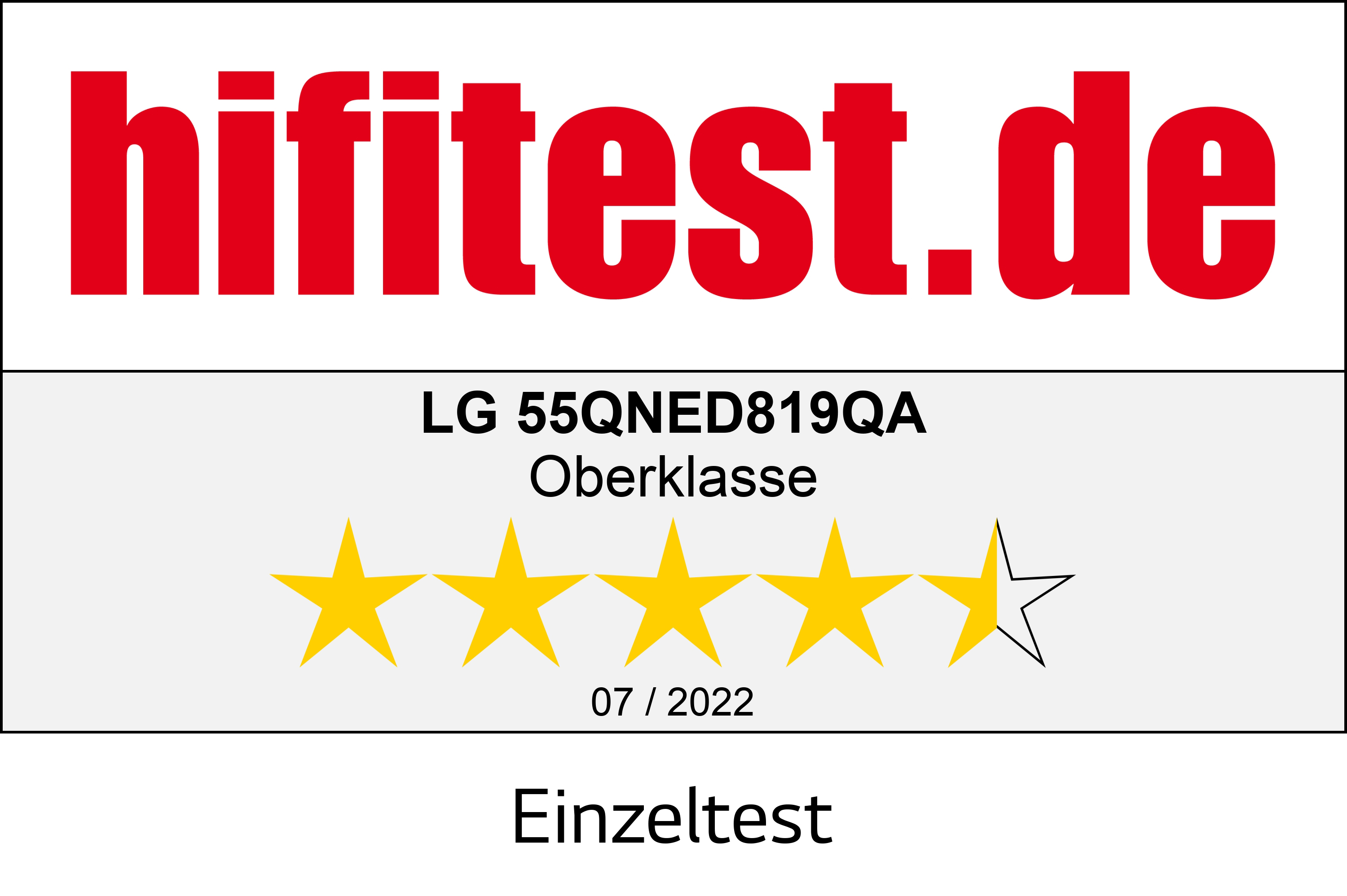 Testbericht von LG 55QNED819QA von hifitest.de, mit 4,5 Sternen.