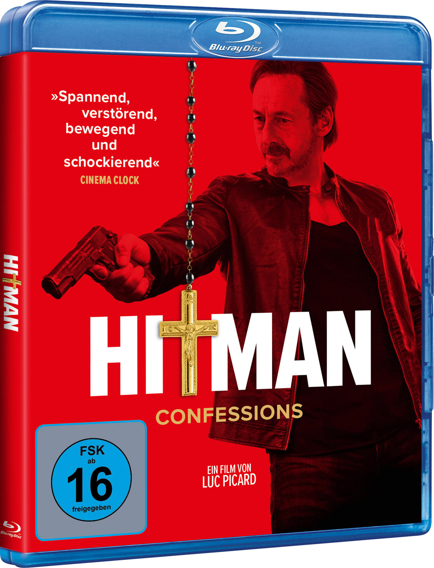 Blu-ray-Disc-Cover für 'Hitman: Confessions'. Ein Mann hält eine Waffe, der Hintergrund ist rot.