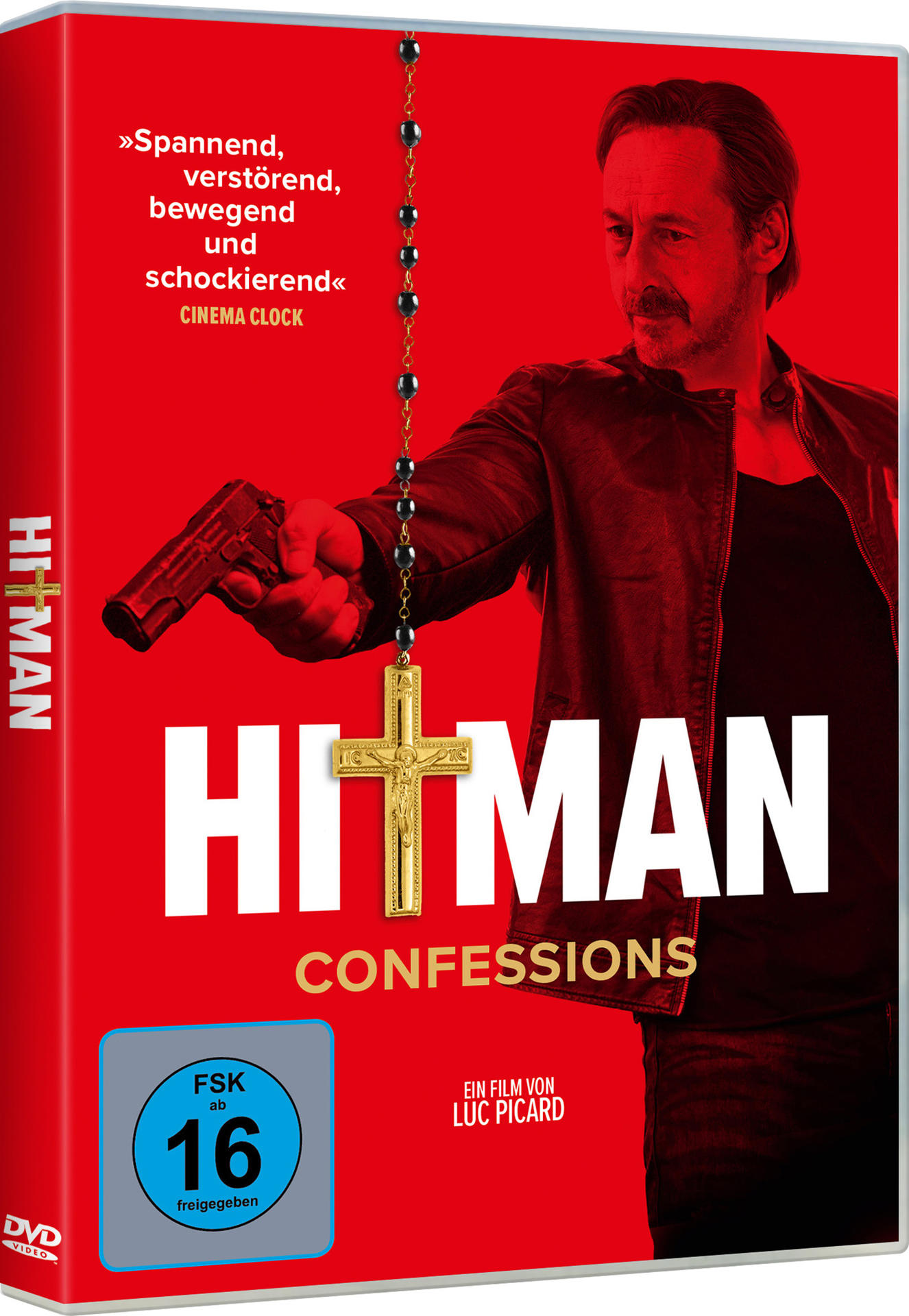 Eine DVD-Hülle für den Film 'Hitman: Confessions' mit rotem Hintergrund und einem Mann, der eine Waffe hält.
