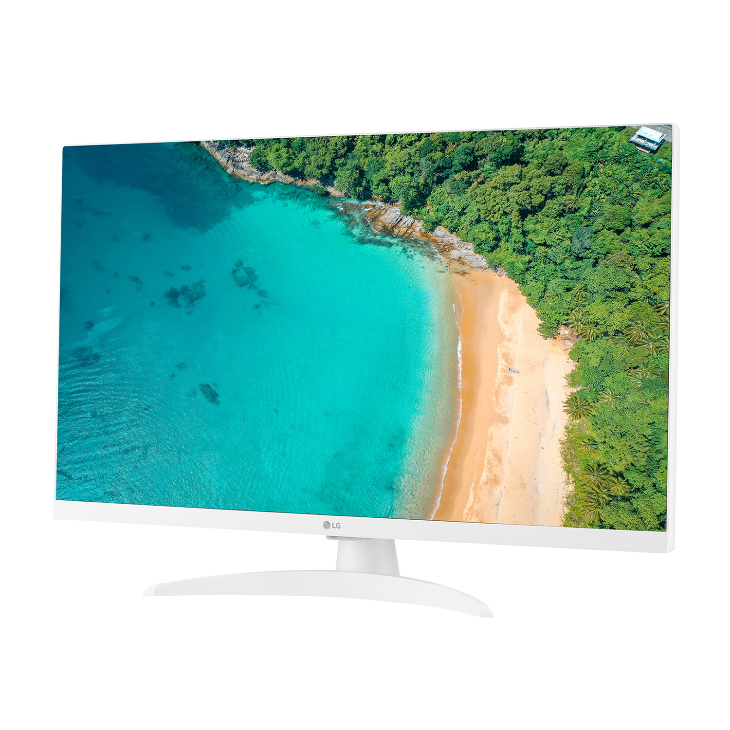 Il monitor LG bianco mostra una scena di spiaggia. Acqua blu, sabbia gialla, alberi verdi e cornice bianca.