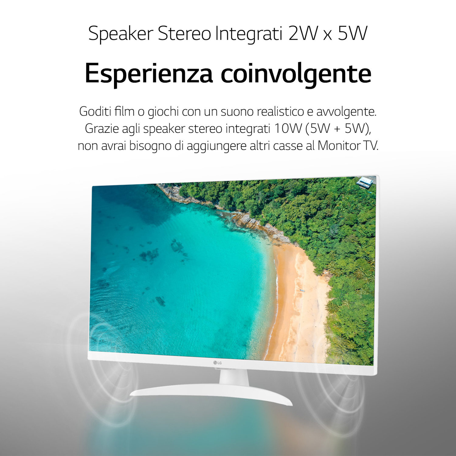 Un monitor bianco con una scena di spiaggia e una soundbar sottostante con testo italiano.