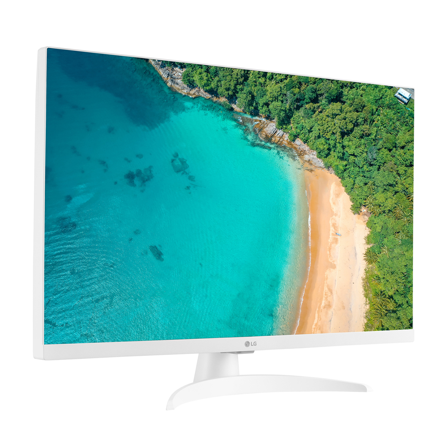 Monitor bianco che mostra una scena di spiaggia tropicale, supporto bianco.