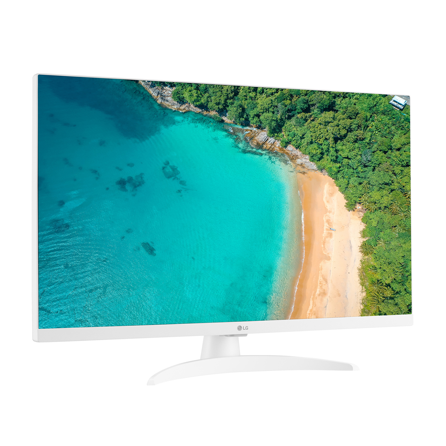 Un monitor del computer bianco che mostra una scena di spiaggia con acqua blu e alberi verdi.