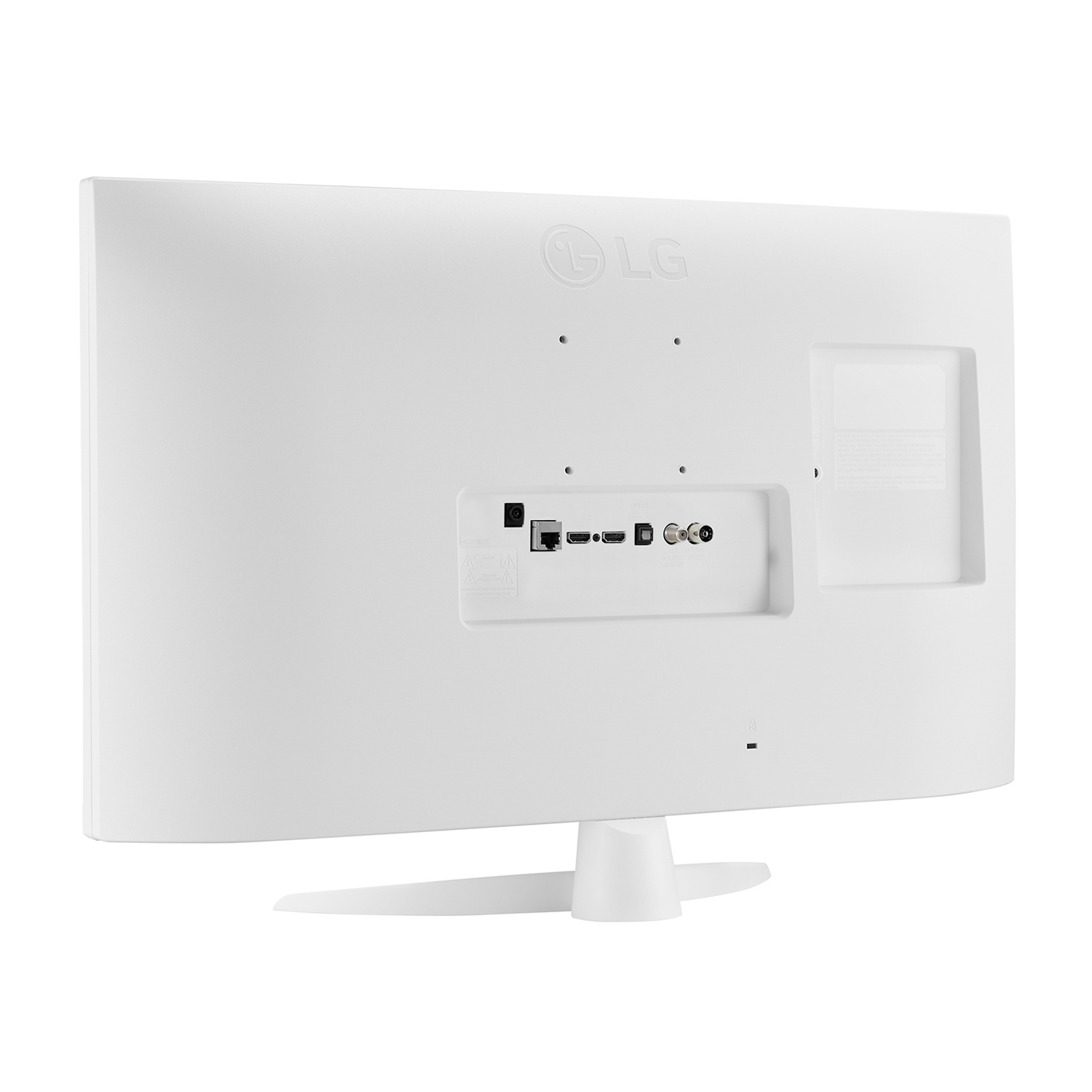 Retro di un monitor LG bianco con varie porte. Il monitor ha un supporto bianco.