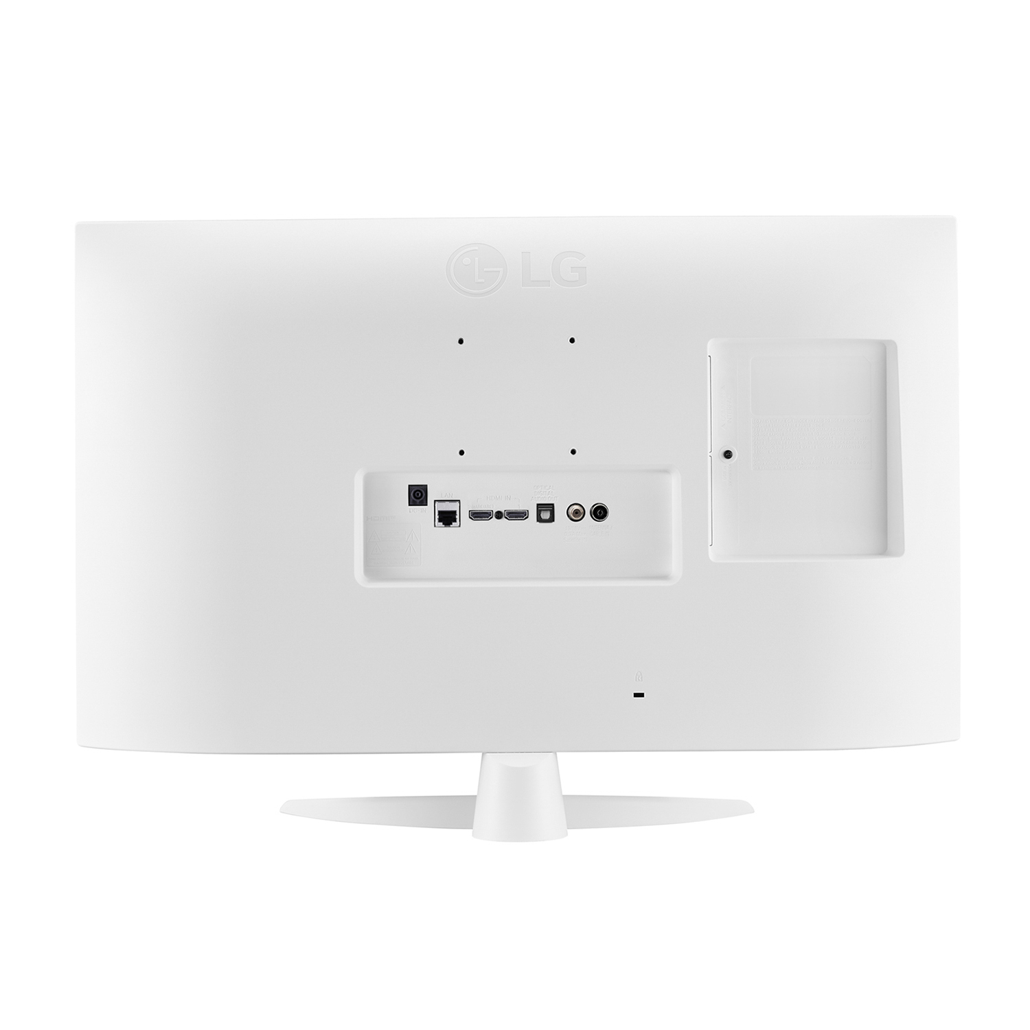 Il retro di un monitor LG bianco con porte. Ha un supporto ed è bianco semplice.