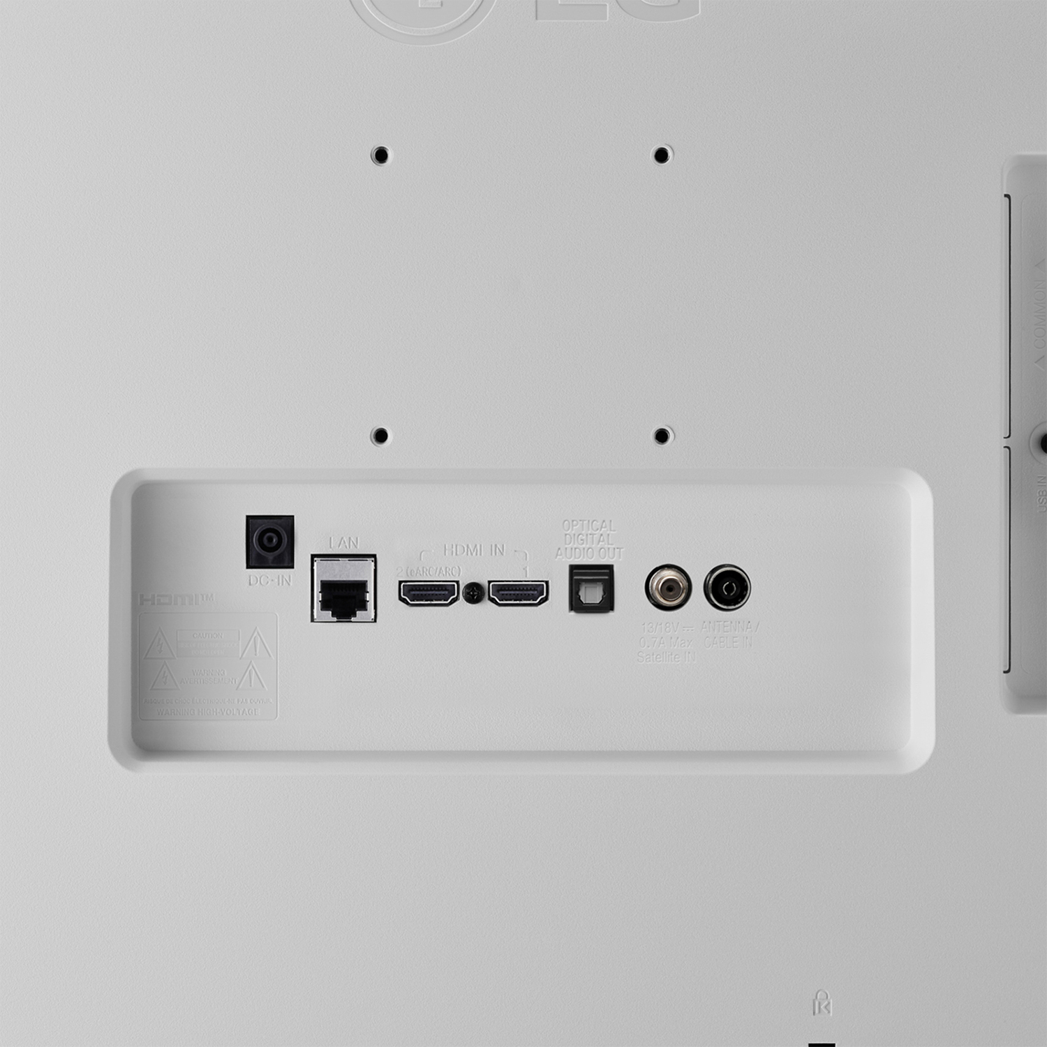 Pannello posteriore di una TV bianca con porte HDMI, LAN e uscita audio.