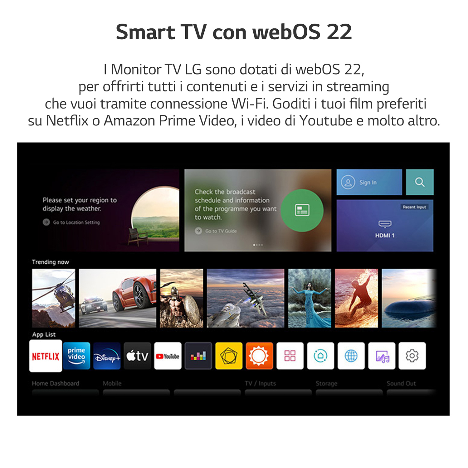 Schermo Smart TV che mostra icone e informazioni delle app, testo in italiano.