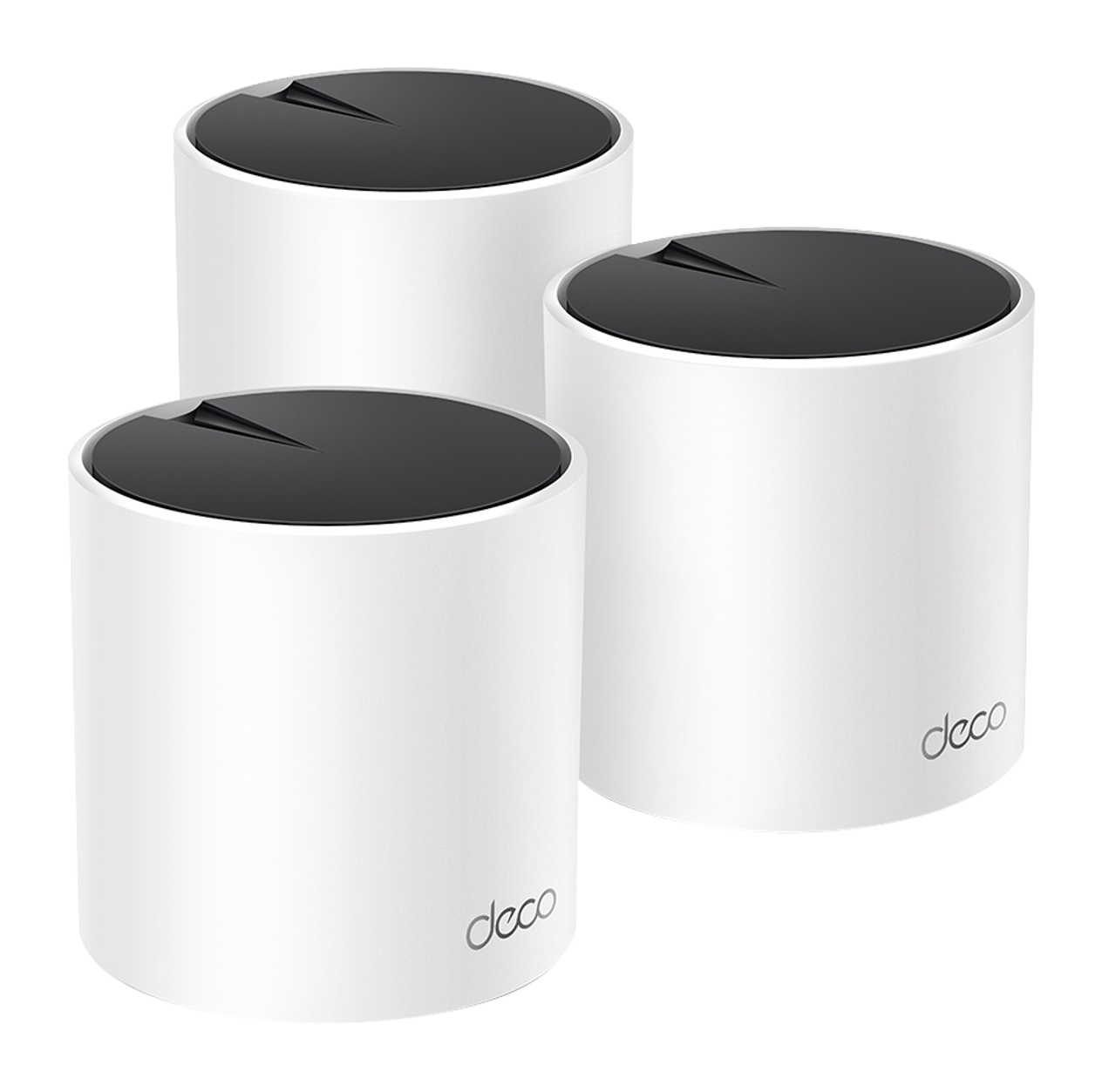 Drei weiße Deco Mesh Wi-Fi-Geräte mit schwarzen Deckeln, angeordnet in einem Dreiecksmuster. Deco-Logo sichtbar.