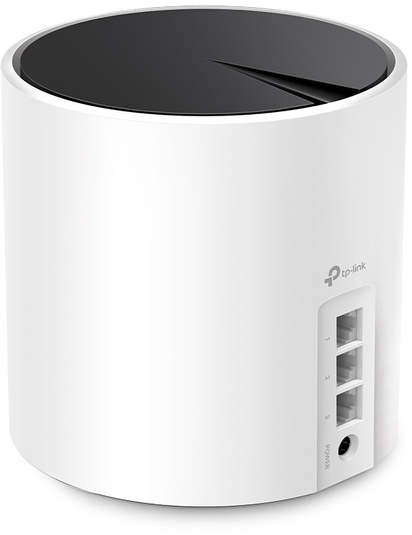 Ein weißer TP-Link-Router mit drei Anschlüssen und einem schwarzen Deckel. Das TP-Link-Logo ist sichtbar.