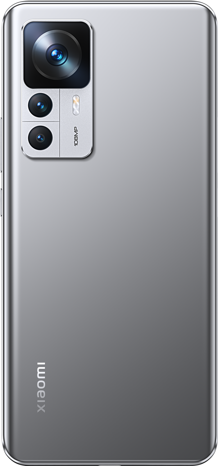 Teléfono Xiaomi plateado con tres cámaras. El logotipo de Xiaomi está en la parte inferior.