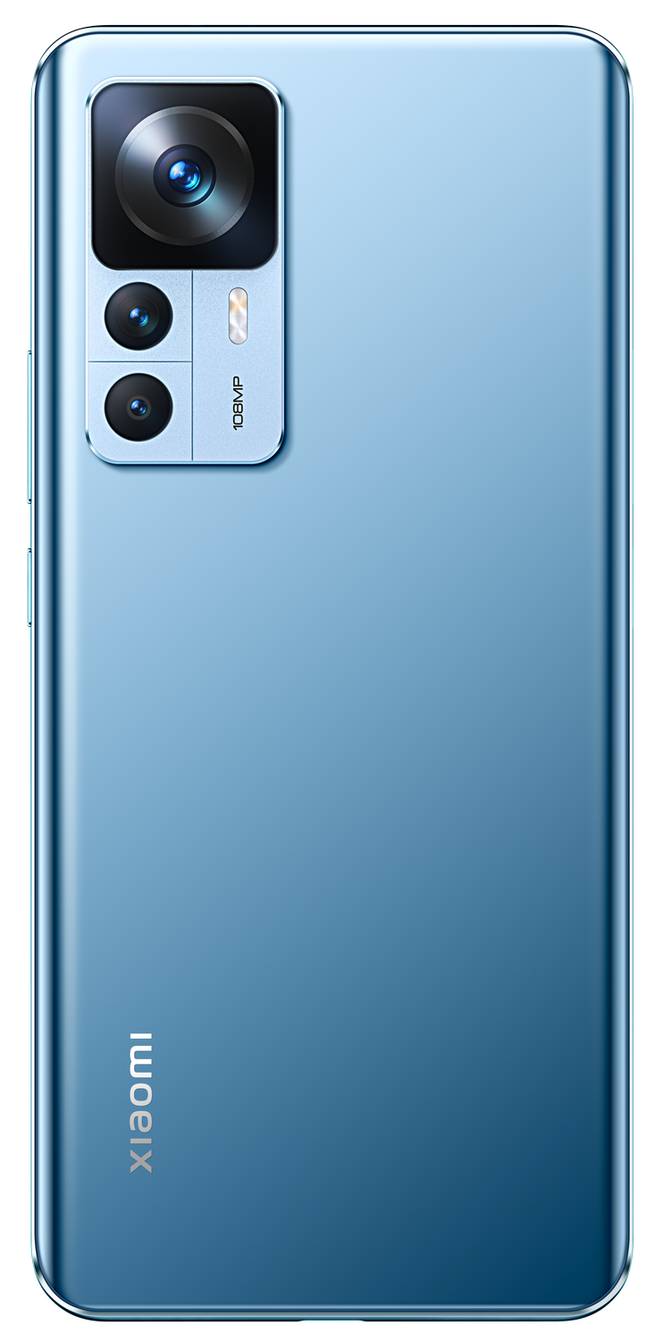 Parte trasera de teléfono azul con cámaras y logotipo de Xiaomi. Módulo de cámara negro.