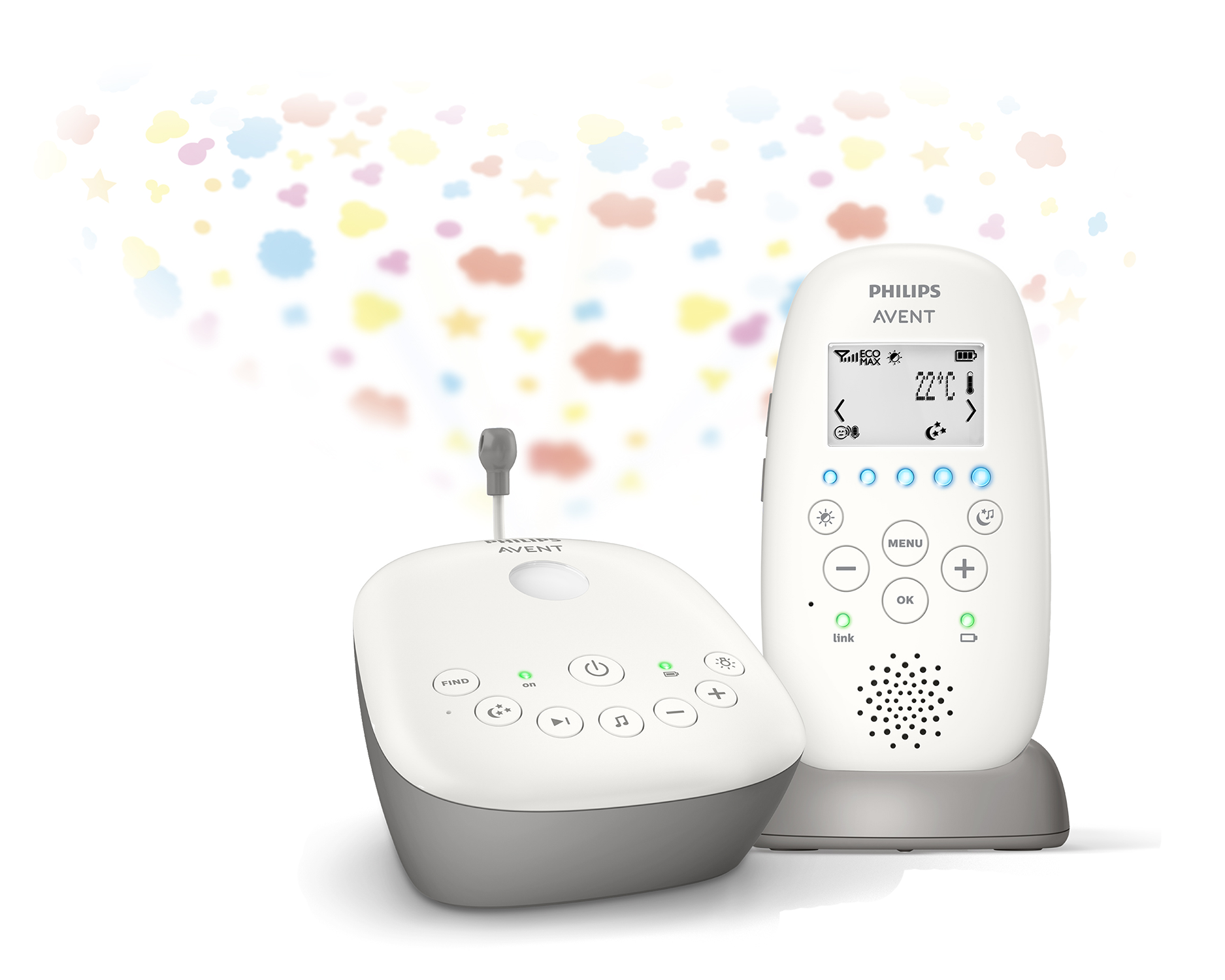 Philips Avent babyfoon. Twee eenheden, wit en grijs. Display toont temperatuur. Wolken achtergrond.
