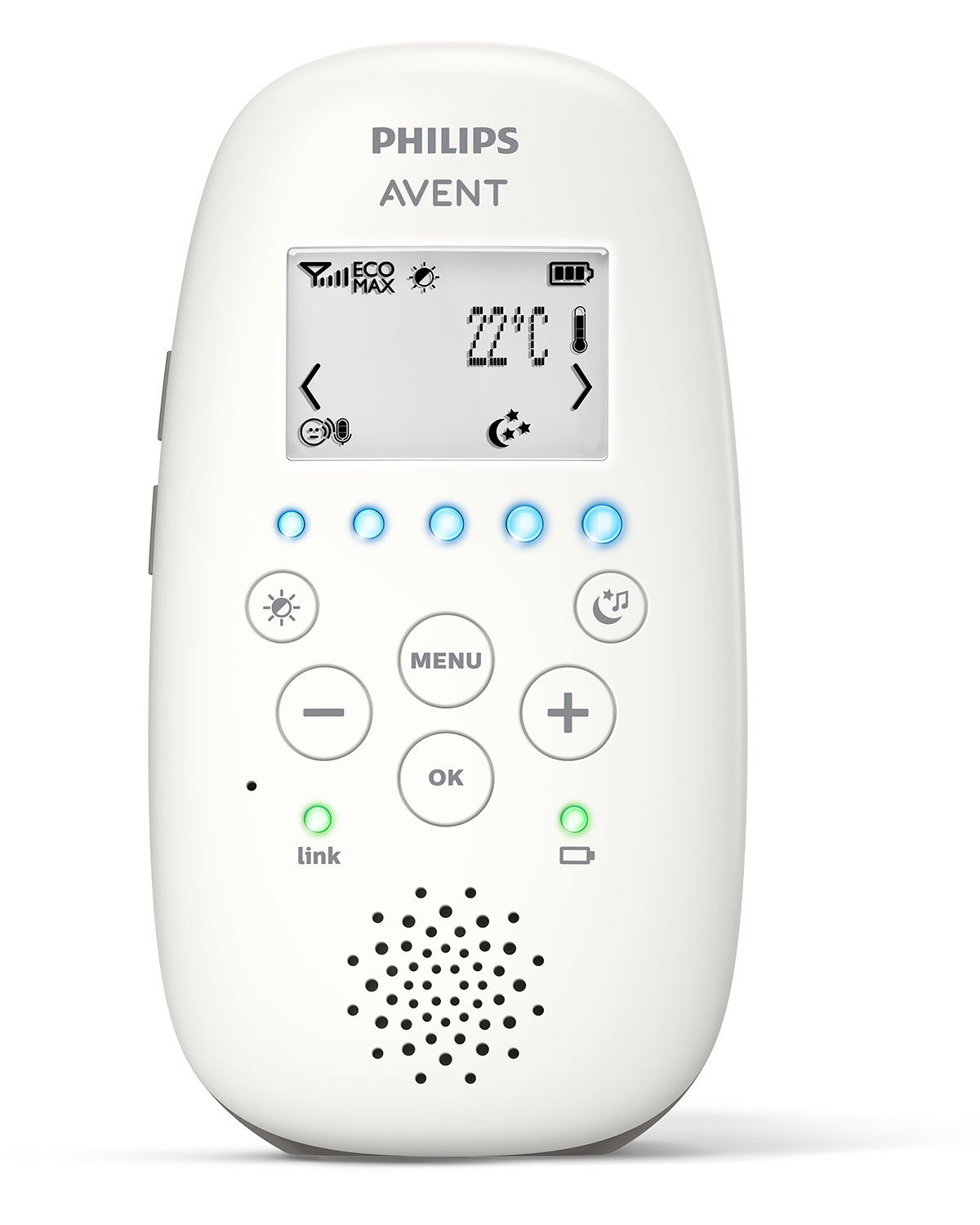 Een witte Philips Avent babyfoon met een klein LCD-scherm.