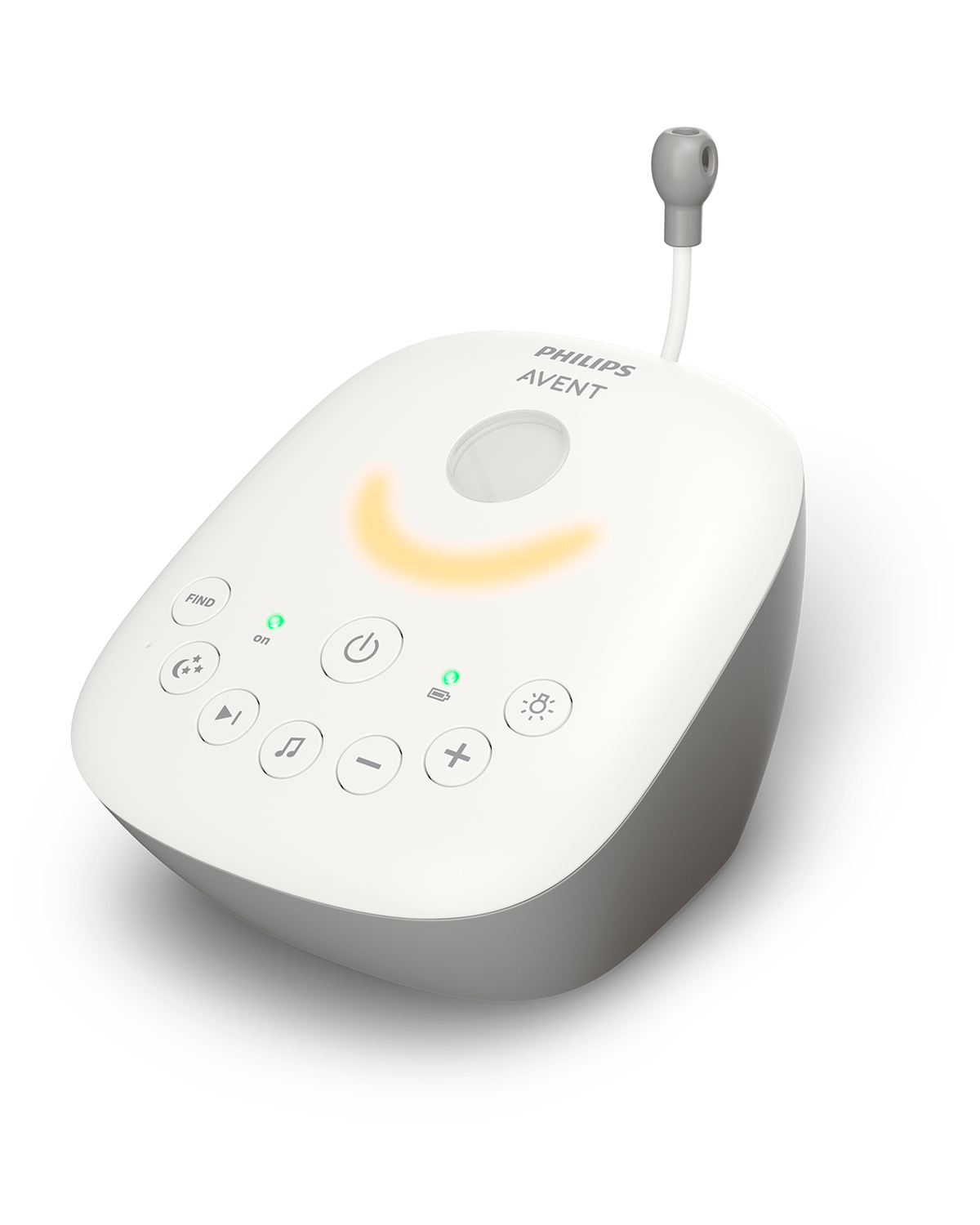 Wit en grijze babyfoon met knoppen en een gebogen licht. De merknaam is Philips Avent.